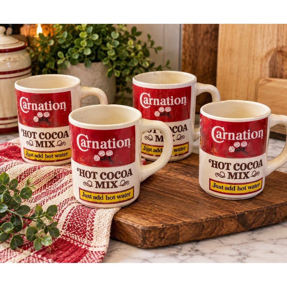 Vintage Carnation Hot Cocoa Mix Mugs Set of 4 Red White Diner Style USA Made
